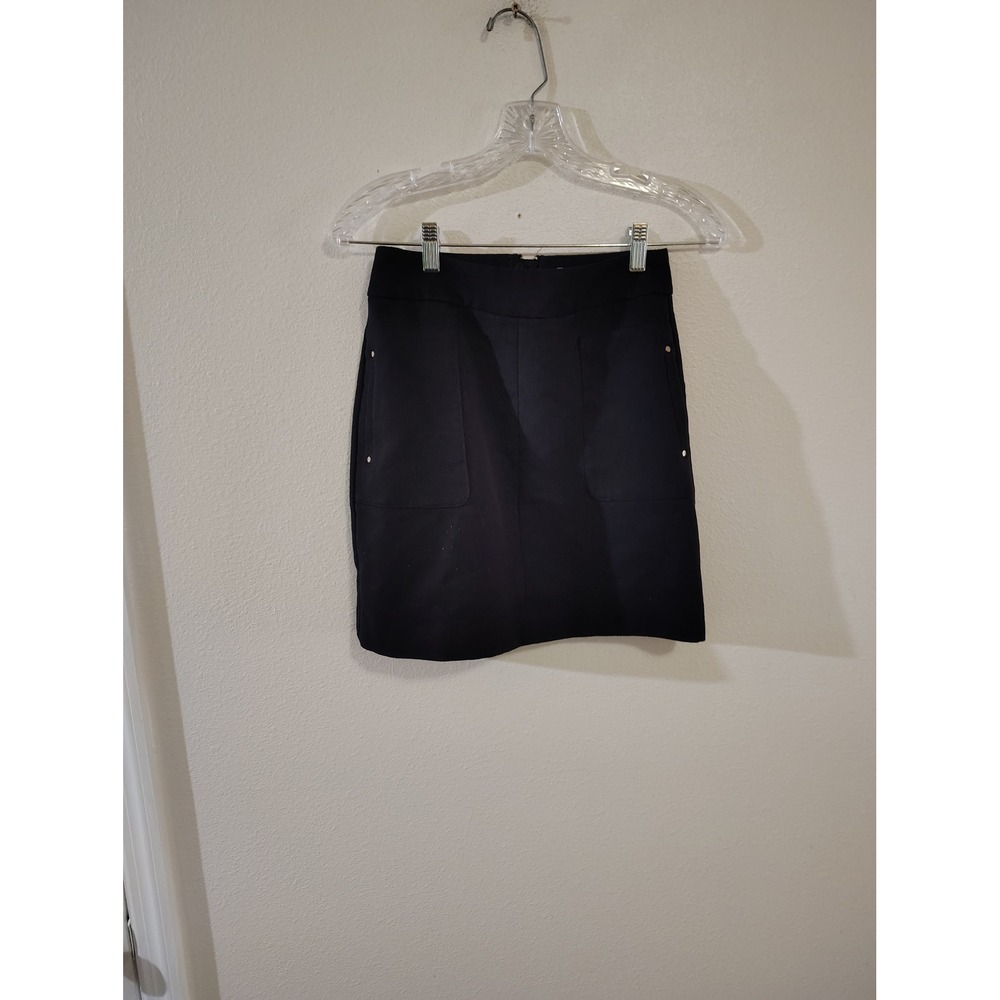 HM Black Mini Skirt Front Pockets Gold Back Zipper Textured A-Line Size 4